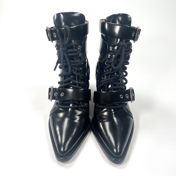Chloe Black Leather Buckle Lace Up Heeled Boot - Picture 3 of 7